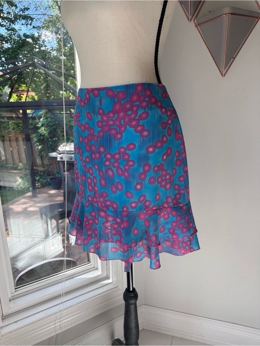 VINTAGE 90s SMART SET Bright Blue & Pink Patterned Ruffle Hem Chiffon Skirt Sz 5 - Picture 2 of 9